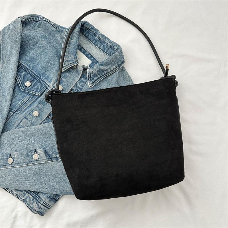 Stylish Retro Suede Bucket Bag For Women In Black Khaki And White Perfect For Casual Street Fashion
