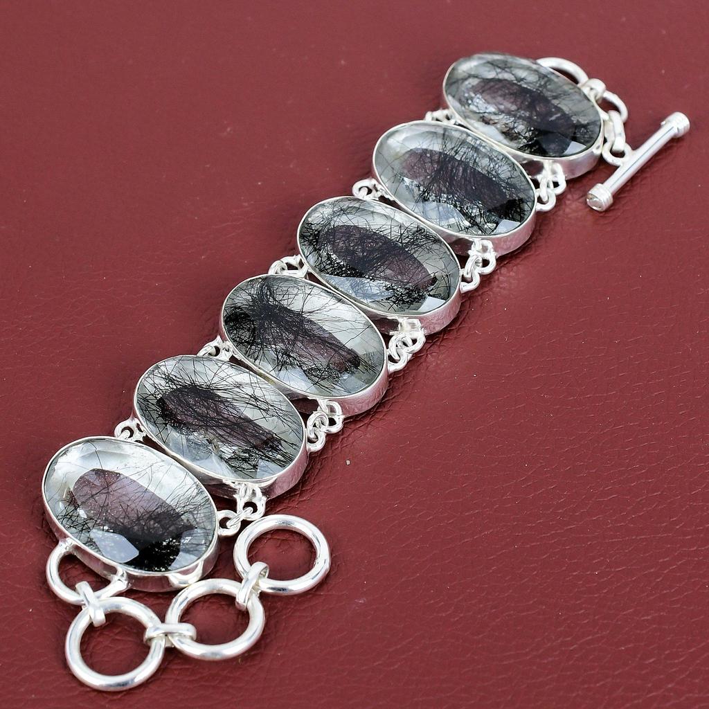 Faceted black rutile bracelet genuine gemstone bracelet handmade jewelry 925 sterling silver bracelet adjustable chain bracelet gift for mom