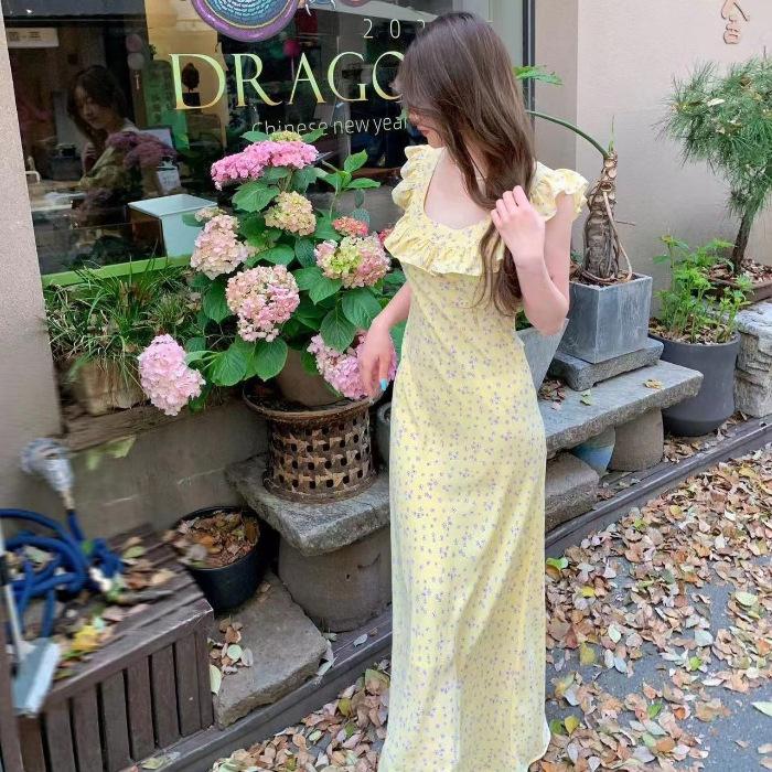French retro floral dress medium and long temperament holiday square collar A-shaped skirt skirt women's summer new long dress