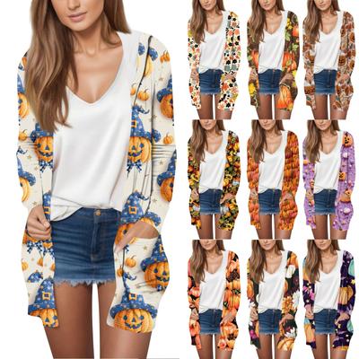 Dame Mode Afslappet Halloween Printet Langærmet Mellemlang Cardigan Jakke