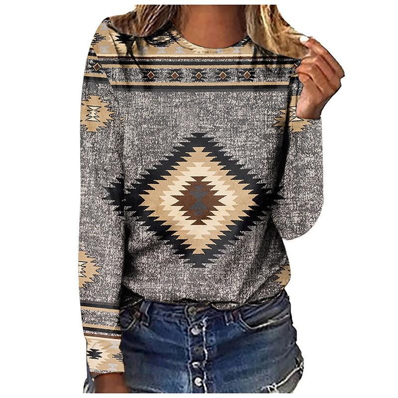

Spring and Autumn Round Neck 3D Retro Ethnic style Printed Top Fashionable Casual Long Sleeved Women s T-shirts 5XL