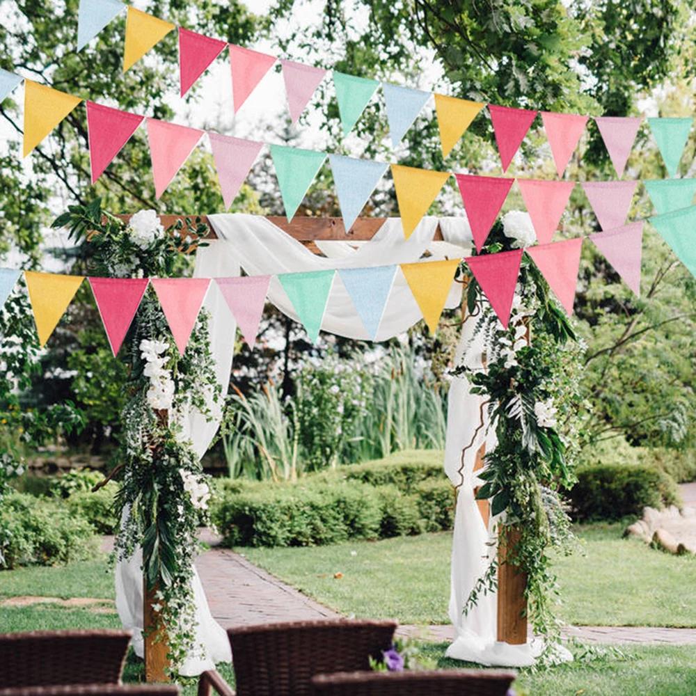 1PC Vintage Colorful Burlap Linen Bunting Flags Pennant For Happy Birthday Party Wedding Decoration Candy Bar