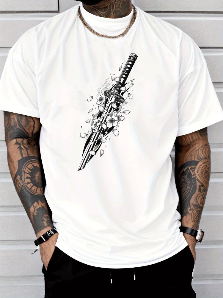 Unisex Summer Red Short Sleeve T Shirt Japanese Katana Sakura Print Casual Oversized Tee Streetwear Hip Hop Loose Male Daily Top