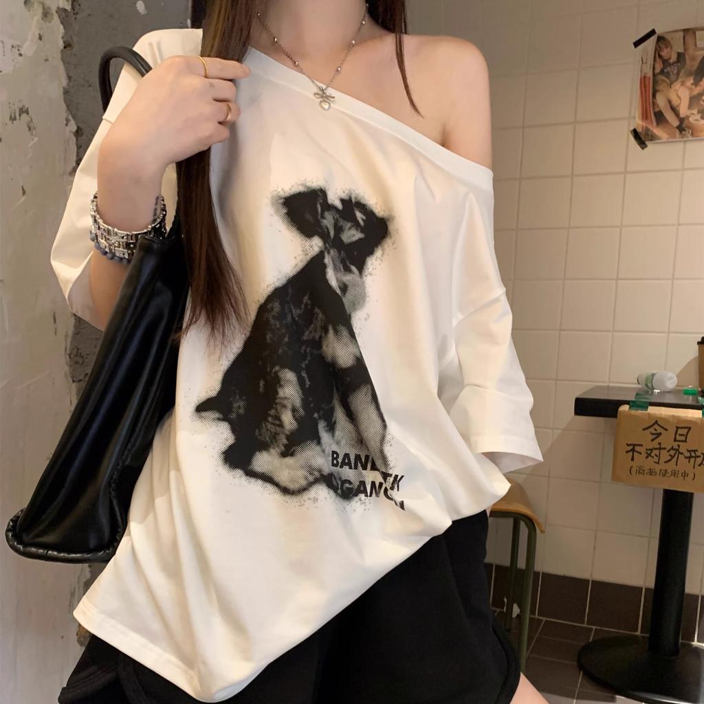 harajuku Women T-shirts summer short Sleeve Slanted collar casual loose vintage cartoon print loose t shirt Ladies white y2k Tops Clothes