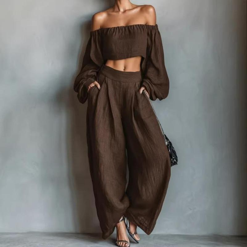 Women's Two Piece Set Off Shoulder Crop Top Wide Leg Pants Long Sleeve Party Outfit