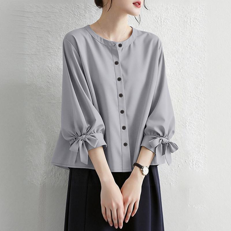 ZANZEA Women Casual Round Neck Solid Color Loose 3/4 Sleeve Blouse