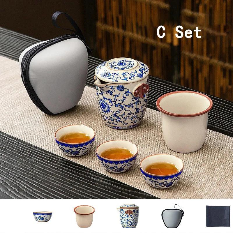 

Blue and White Ru Kiln Travel Tea Set Quick Cup Portable Tea Set Kung Fu Tea Set Storage Bag Camping Outdoor Office Drink Pot