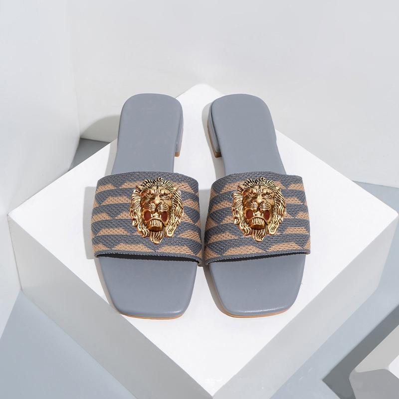 New Women's Embroidered Low Heels Slippers Europe and the United States Large Size Square Head Sandals Leather Shoes