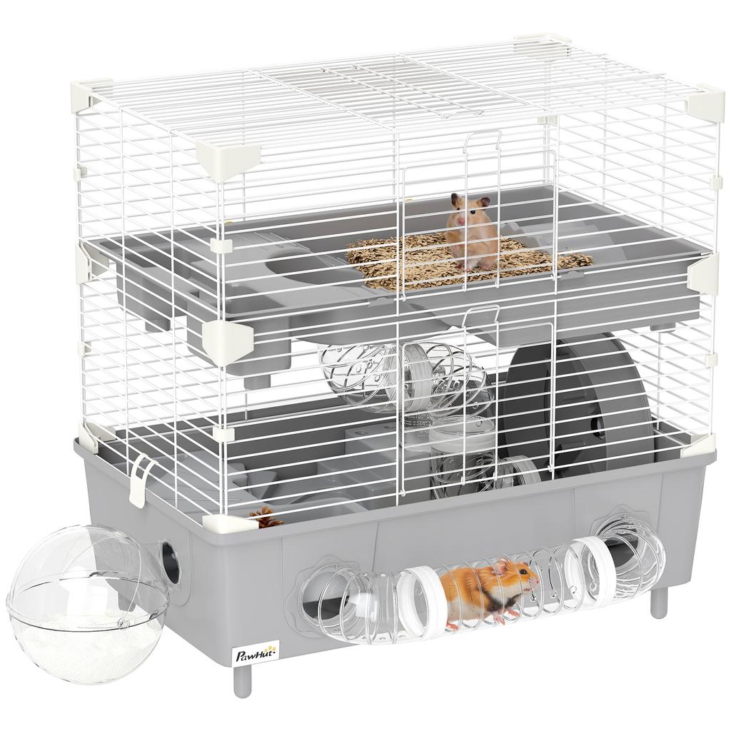 2-Tier, 3-Door Hamster Cage with Wheel and Tubes, Steel, PS and PP, 44.5x28x44 cm, Grey and White