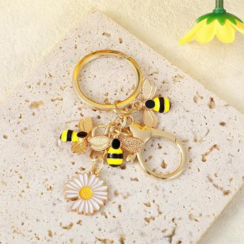 2Pcs Flower Bees Keychain Zinc Alloy Stylish Rustproof Keyring Nature Inspired Jewelry Accessory For Women Men Gift
