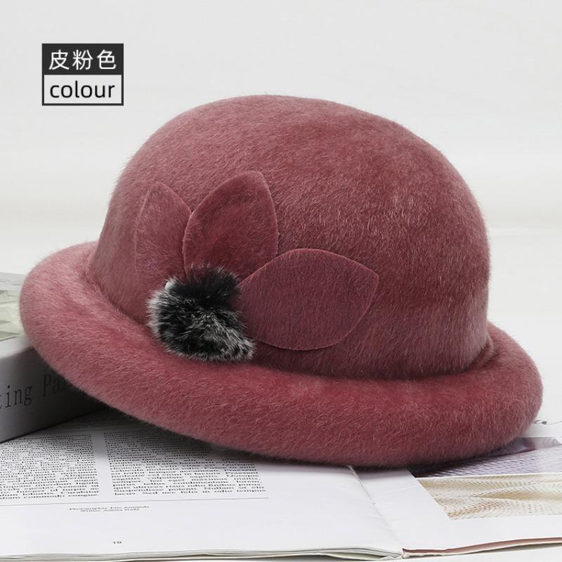 Middle-aged woolen basin hat, women's top hat, burgundy season, middle-aged women's hat, spring hat, big-brimmed sun hat