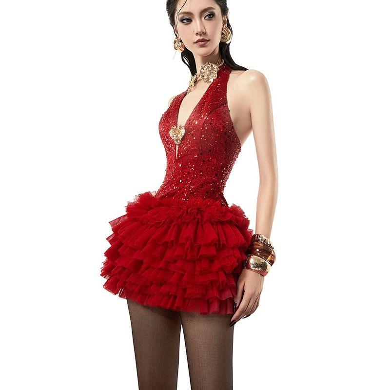 

Dress New Year Christmas New Arrival Deep V Skirt Pure Color Silm High Waist Street Fashion Halter Backless Dress Red S