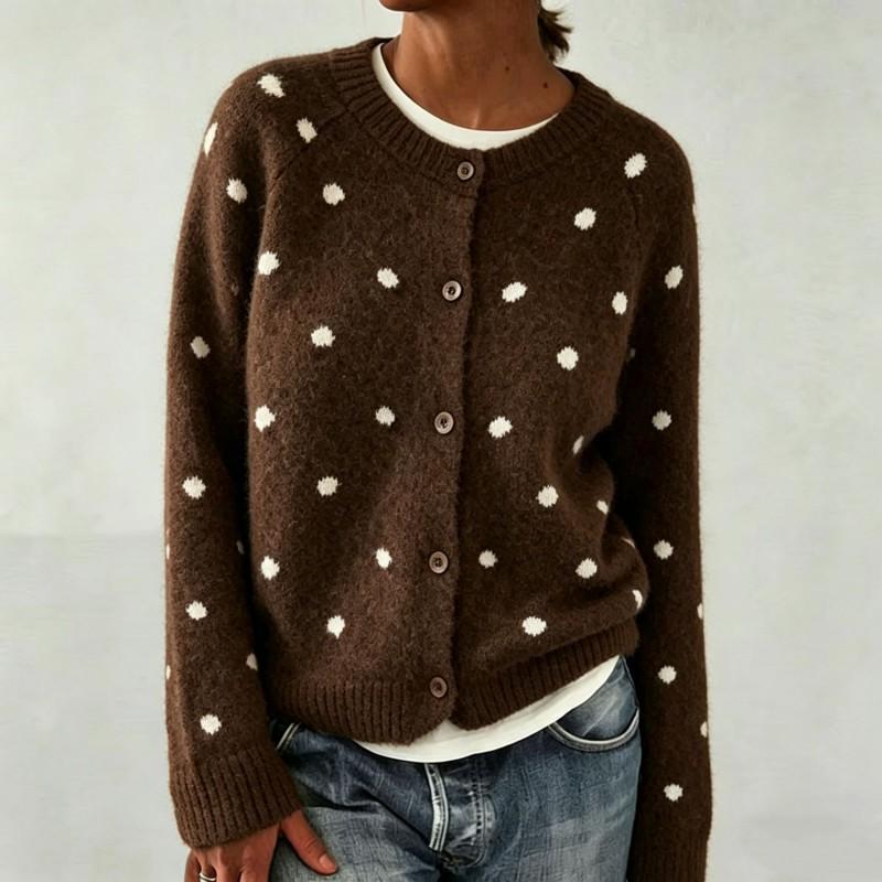 2026 Damen Oversized Rundhals Strick Cardigan mit Farbblock-Punkte-Muster Lockerer Sitz Lässiger Arbeitskleidungs Pullover