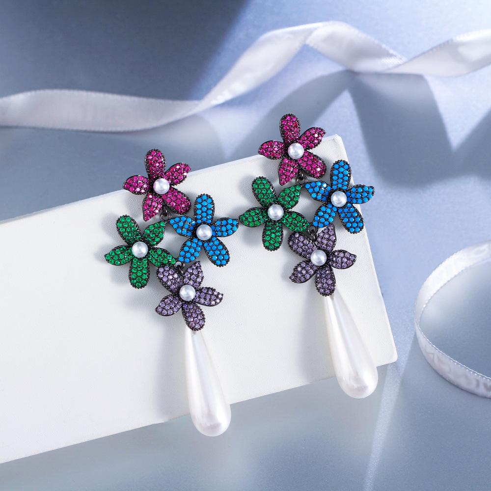 Needle Light Luxury Elegant Full Zircon Colored Flower Pearl Earrings Catwalk Water Drop Pearl Earrings Ear Jewelry