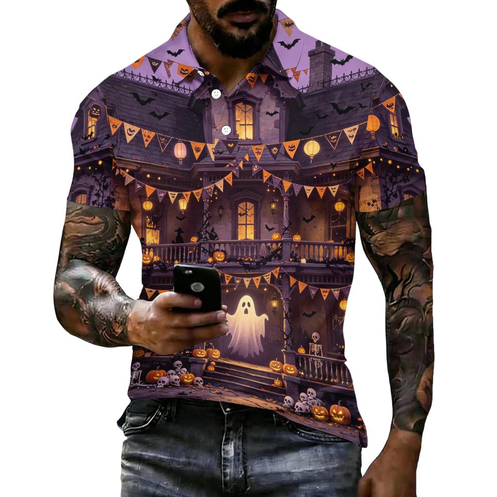 Men's Halloween Print Vintage Texture Short Sleeve Polo Shirt Loose Breathable Summer Sports Street Casual Everyday Top