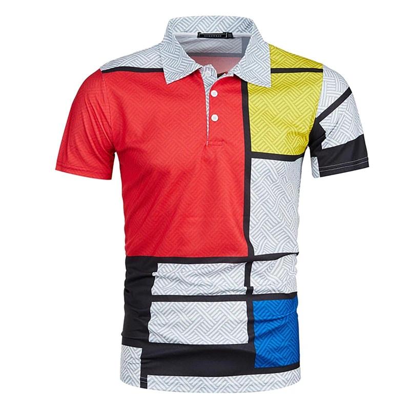 Stylish geometric pattern short-sleeve polo shirt, casual and versatile for daily wear.