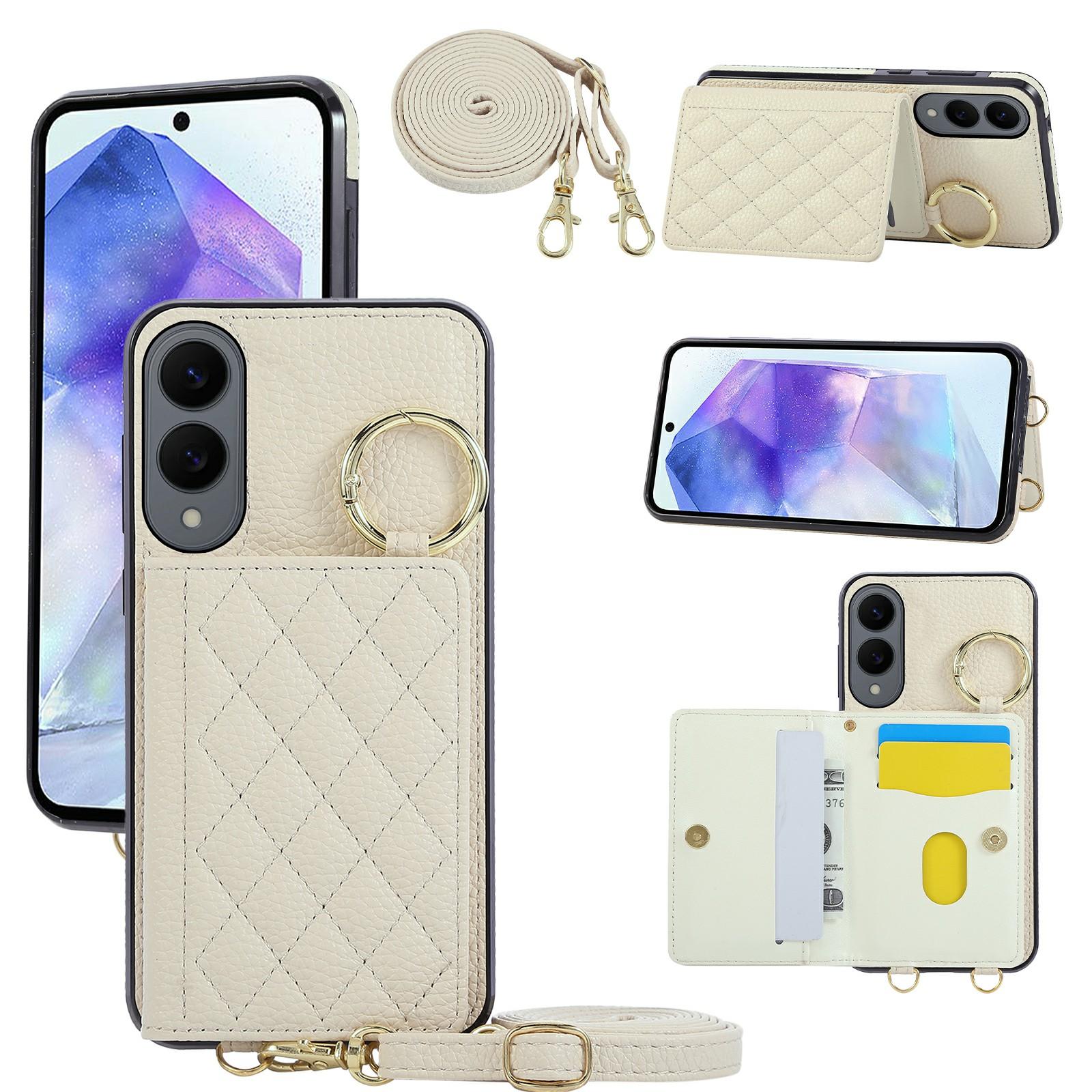 

For Samsung Galaxy S25 Edge Case Kickstand Rhombus Leather+TPU Phone Cover with Shoulder Strap Beige