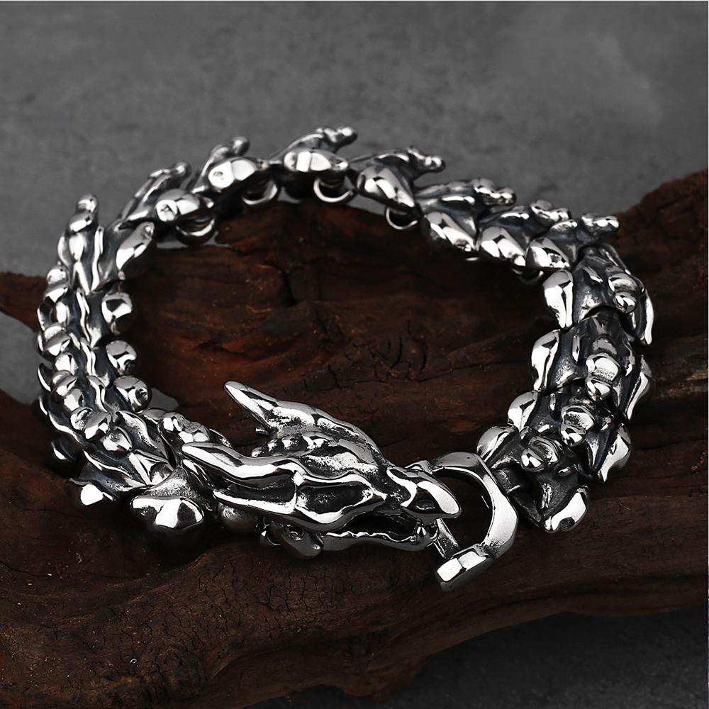 Bracciale Vichingo Vintage Acciaio Inossidabile Uomo Biker Drago Nordico Amuleto di Odino Ouroboros Gioielli Regalo per Lui