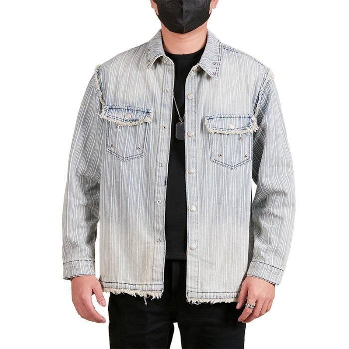 

Мужская джинсовая рубашка Новая полосатая ретро с лацканами Повседневная рубашка с длинным рукавом Куртка 5XL