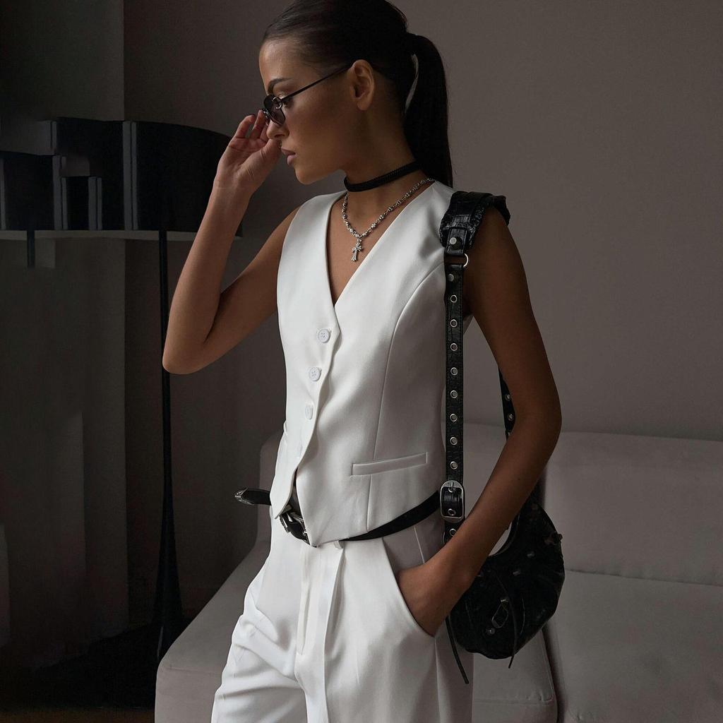Conjunto Feminino de Duas Peças: Colete, Camisa Sem Mangas, Shorts de Cintura Alta com Cordão, Tamanho Grande, Conjuntos de Moda