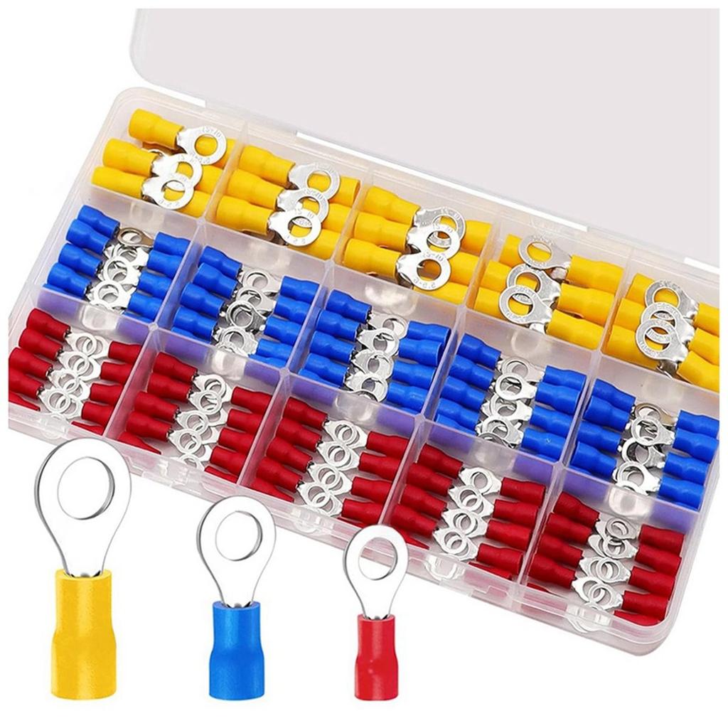 250Pcs Insulated Wire Connectors Crimp Terminal Kit O-Type Wire Lug PVC Round Ring Cold- Pre-Insulated Terminal