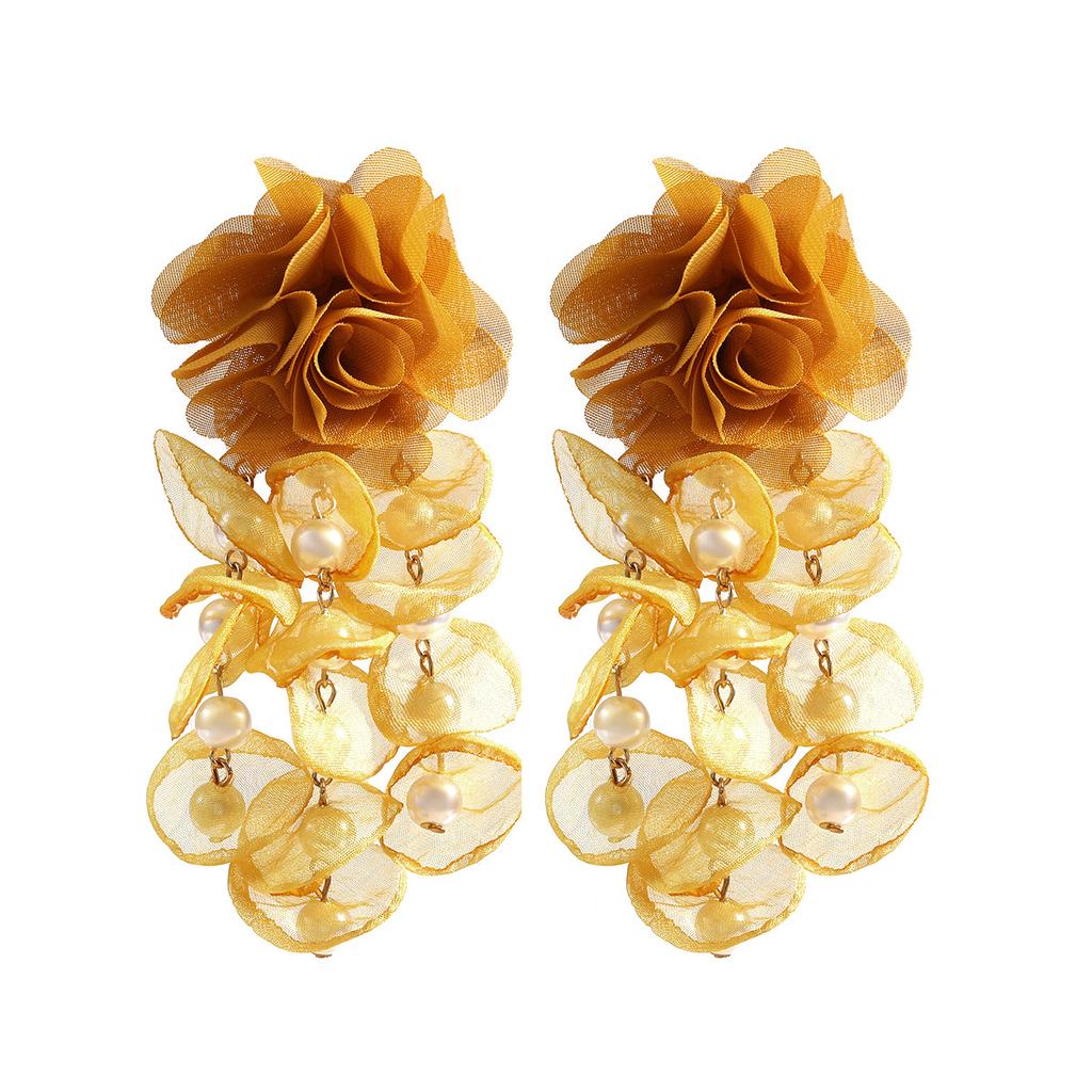 Summer New Floral Earrings Exaggerated Earrings Women's Bohemian Fabric Set with Pearl Flower Fringe Accessories