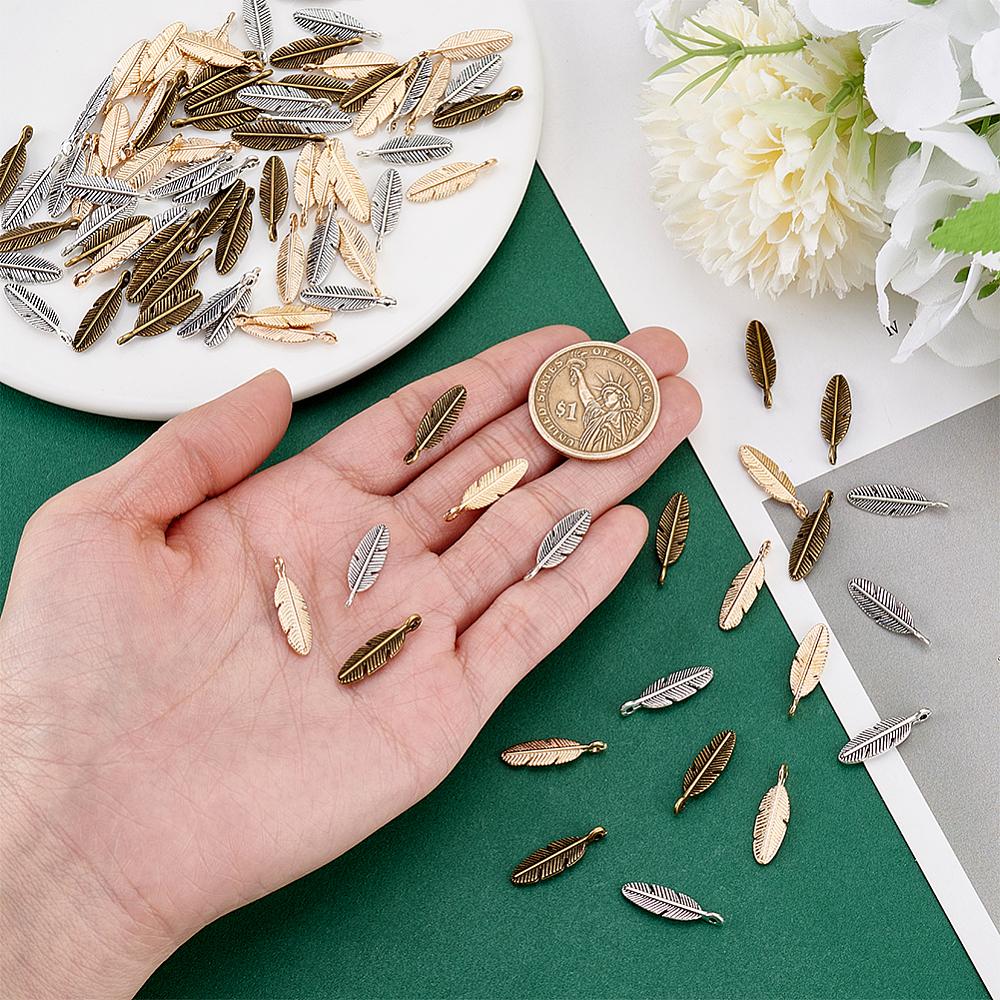 90Pcs 3 Colors Tibetan Style Alloy Pendants Leaf Charms Mixed Color 20.5x6x2mm Hole: 1.4mm 90pcs/set