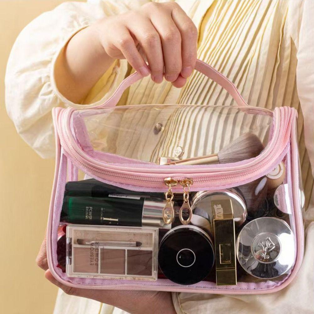 PVC Transparent Makeup Bag Solid Color Handheld Makeup Pouch Cute Mesh Cosmetic Bag  Lady