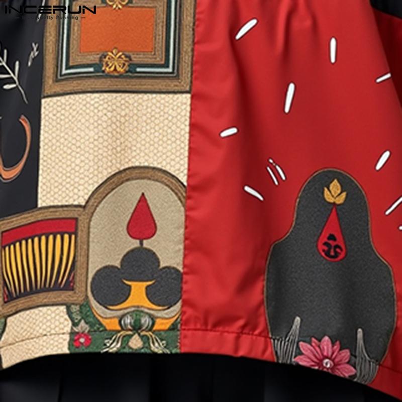 INCERUN Men Vintage Stand Neck 3/4 Sleeve Print Casual Patchwork T-shirts Tops