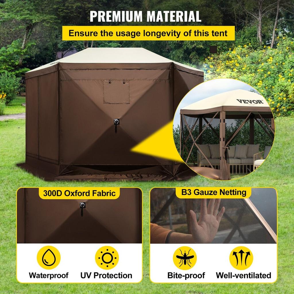 Pop-up Camping Gazebo Camping Canopy Shelter 6 Sided 12' x 12' Sun Shade