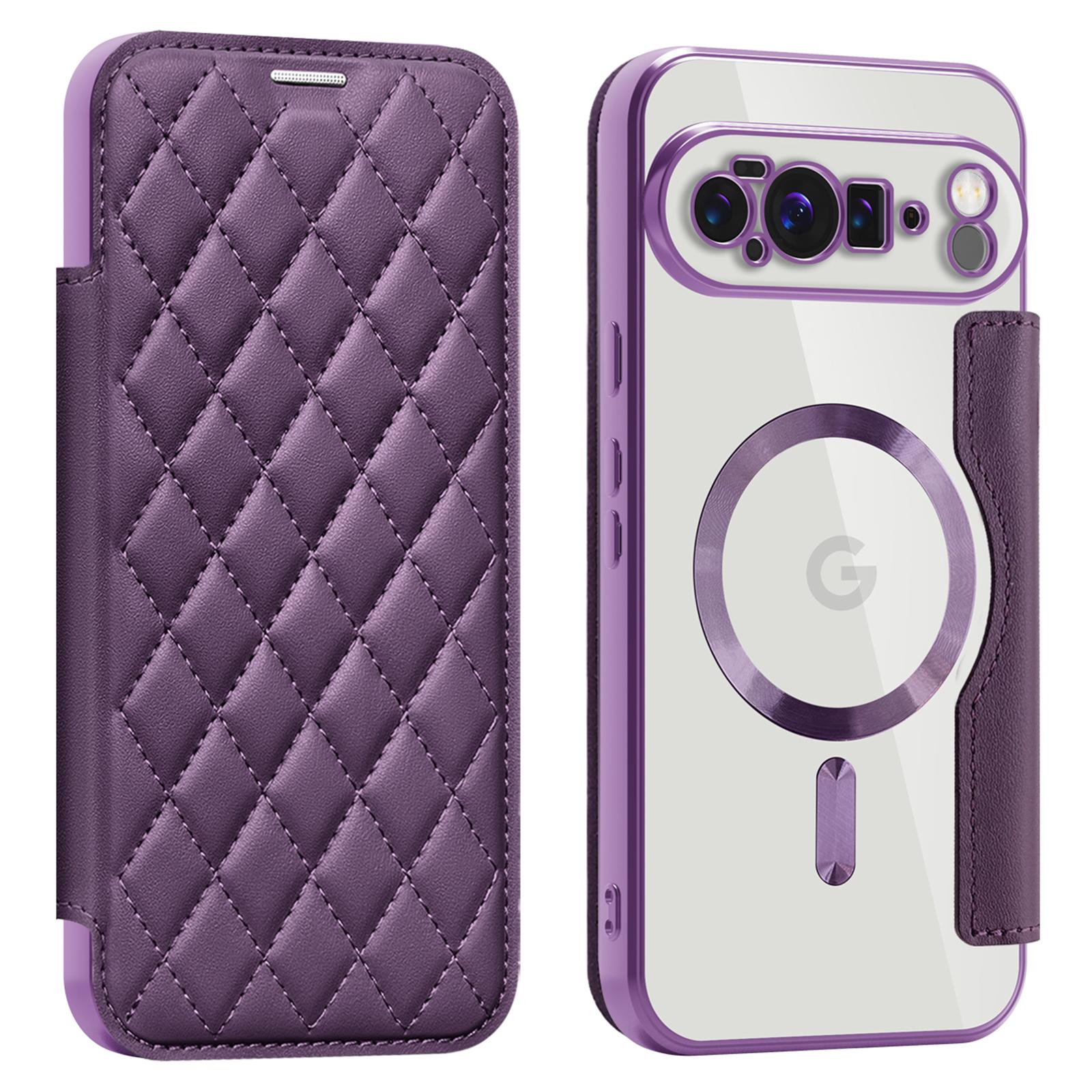

For Google Pixel 10 Pro XL Case Compatible with MagSafe Rhombus PU Leather Phone Cover Dark Purple