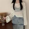 Women's Fashion Crew Neck Long Sleeve Loose Knitted Pullover Lazy Design Niche Hollow Grid Knitted Sweater