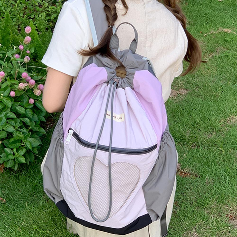 Korean Fashion School Bookbag Girls Color-Block Nylon Drawstring Rucksack Women Large Capacity Laptop Bag Travel Sweet Backpack
