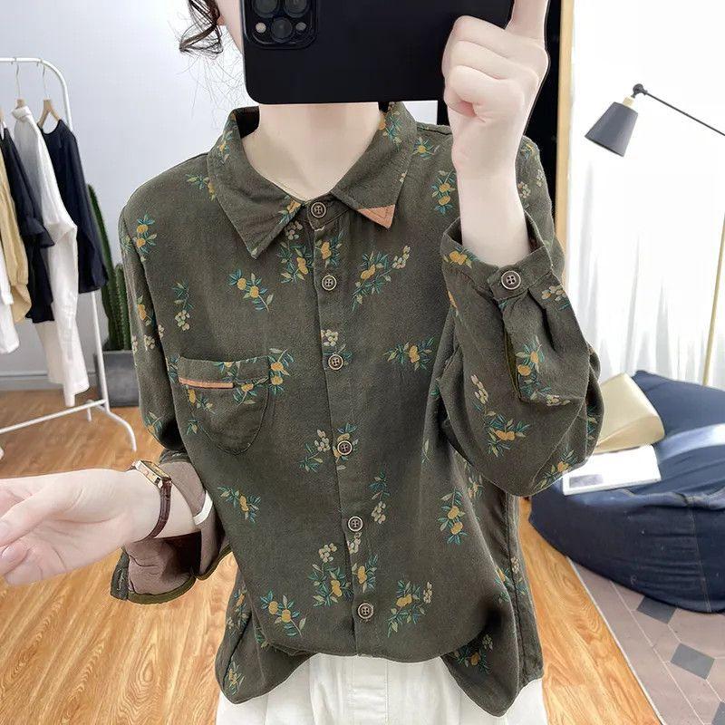 Korean Cotton and Linen Floral Long-sleeved Shirt for Women In Spring and Autumn with Printed Tops and Retro Bottoming Shirts