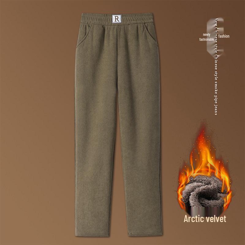 Mom's Fleece-Lined Cotton Pants, Thickened Straight-Leg, Warm Autumn/Winter Trousers for Middle-Aged/Elderly Women.