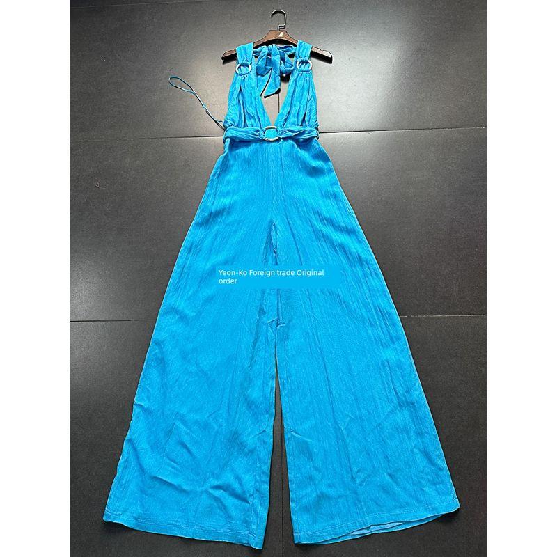 

Французский Стиль Классический Стильный Элегантный Белый Слинг Глубокий V Пляжный Отпуск Цельный Комбинезон Брюки Клеш Lake Blue L