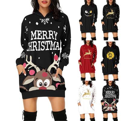 Damen-Sweatshirt mit weihnachtlichem Aufdruck, mittellang, mit Tasche und Kapuze, langärmlig