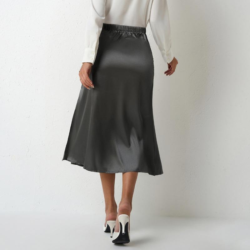 Damen Satinrock Sommer Lang Schlitz Professioneller A-Linien-Rock High Waist Rock