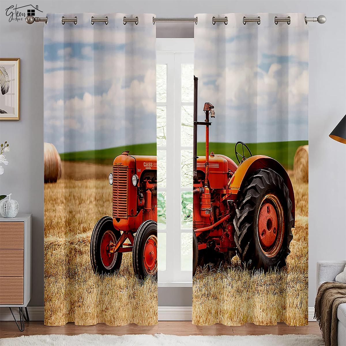 Traktor-Farm-Vorhänge, 3D-Druck, Industrie-Stil, Polyesterfaser-Vorhänge, Wohnzimmer, Schlafzimmer, Küche, dekorative Vorhänge, 2 Stück W50xH130(CM)x2PCS&Rod pocket