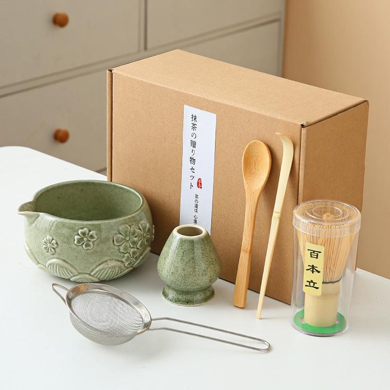 8pcs Cherry Blossom White Matcha Bowl with Matcha Whisk Set, Japanese Tea Set Includes Matcha Bowl with Spout