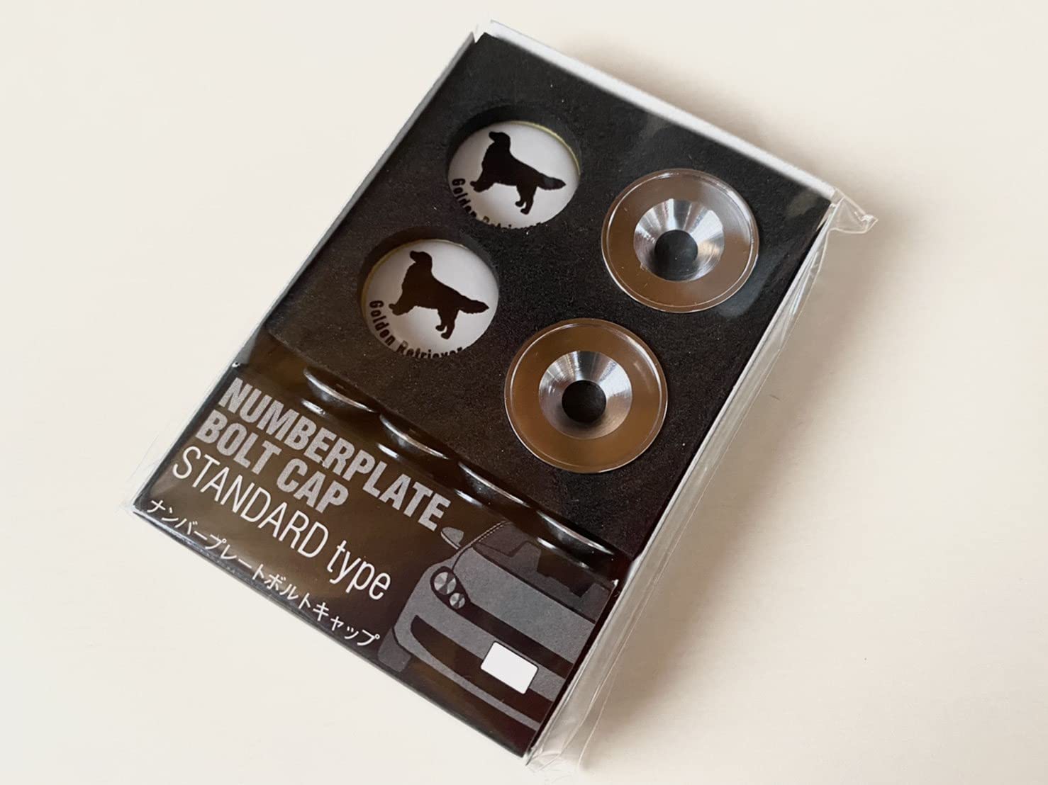 

Колпачок болта номерного знака с собачкой, Сделано в Японии (Золотистый ретривер)