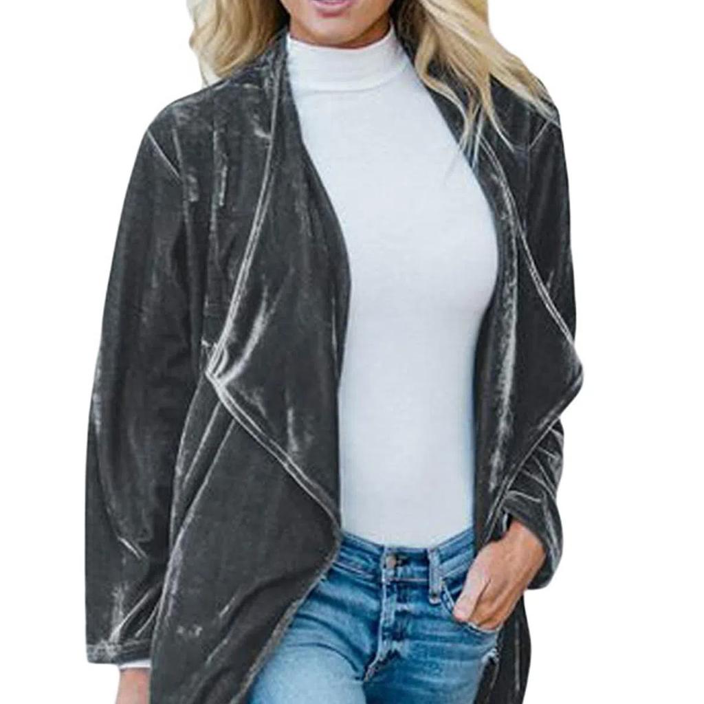 Damen Uni Langarm Samtjacke Offene Vorderseite Strickjacke Mantel mit Taschen Oberbekleidung