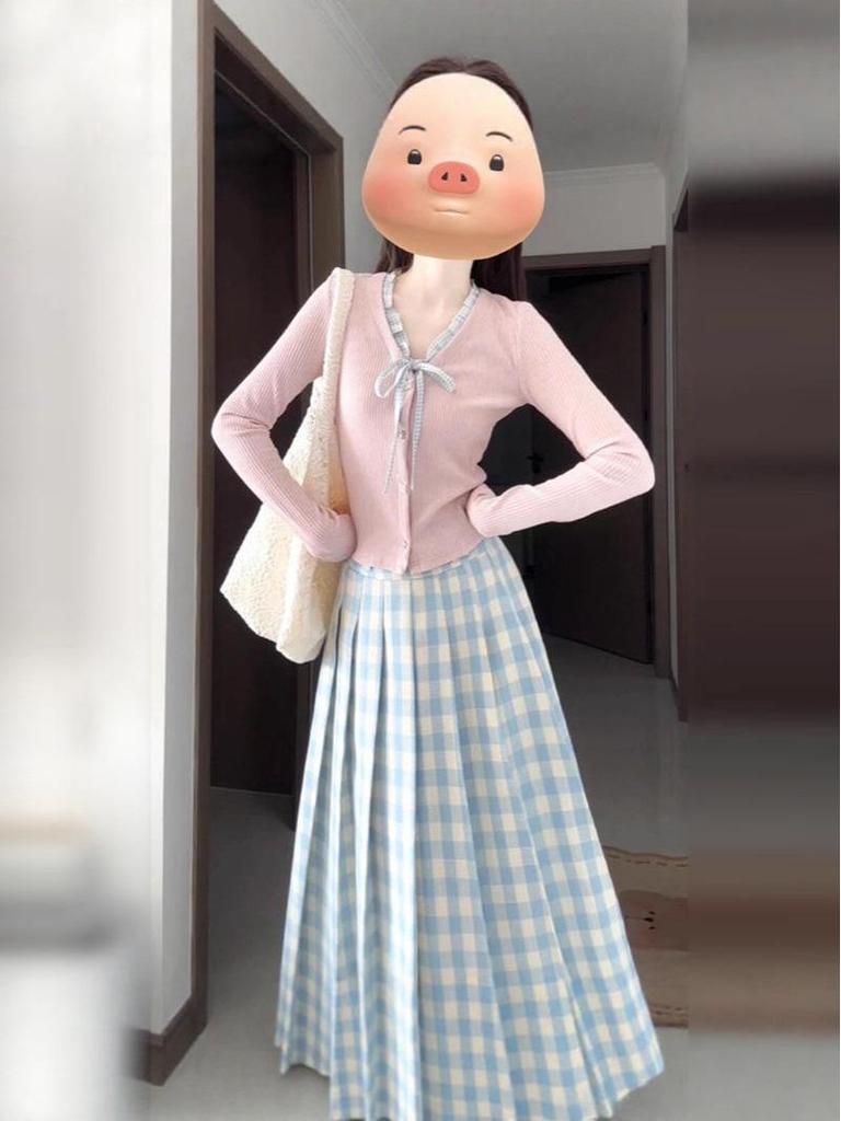 Women's Spring/Autumn Plaid Cardigan Dress with Lotus Leaf Collar - Trendy Two-Piece Set