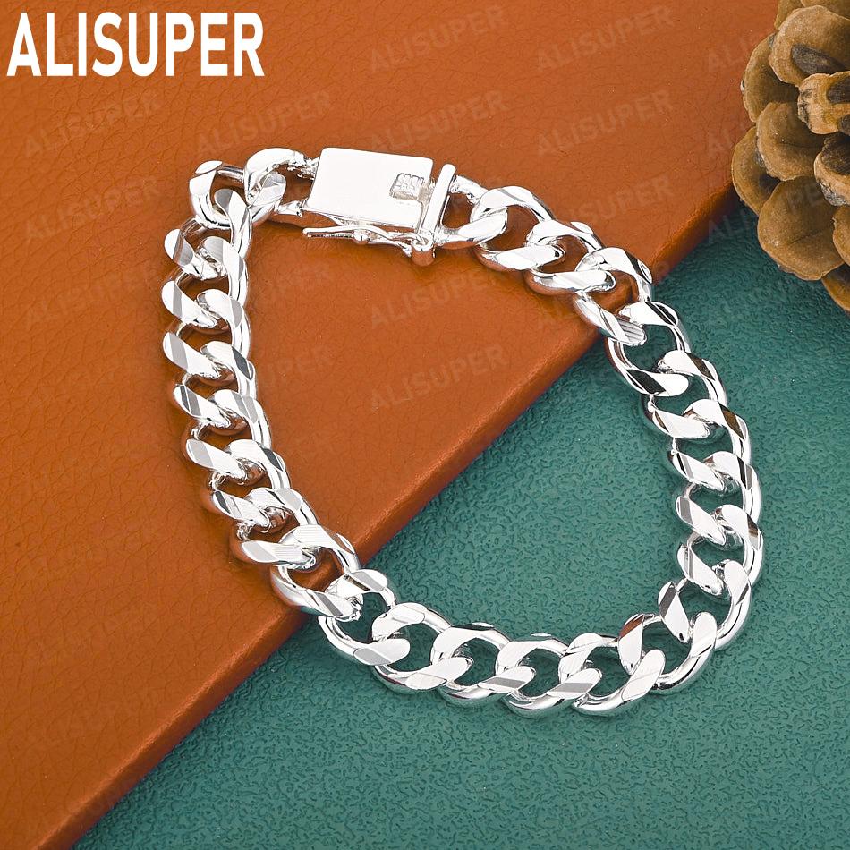 925 Sterling Silver 10mm Interlocking Side Chain Bracelet Gift Jewelry 20CM