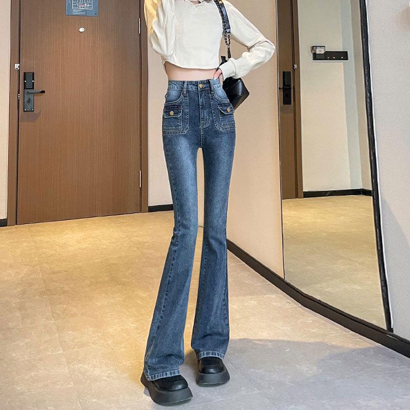 

**Женские сине-серые расклешенные джинсы с высокой посадкой и двойным карманом** Large синий/серый