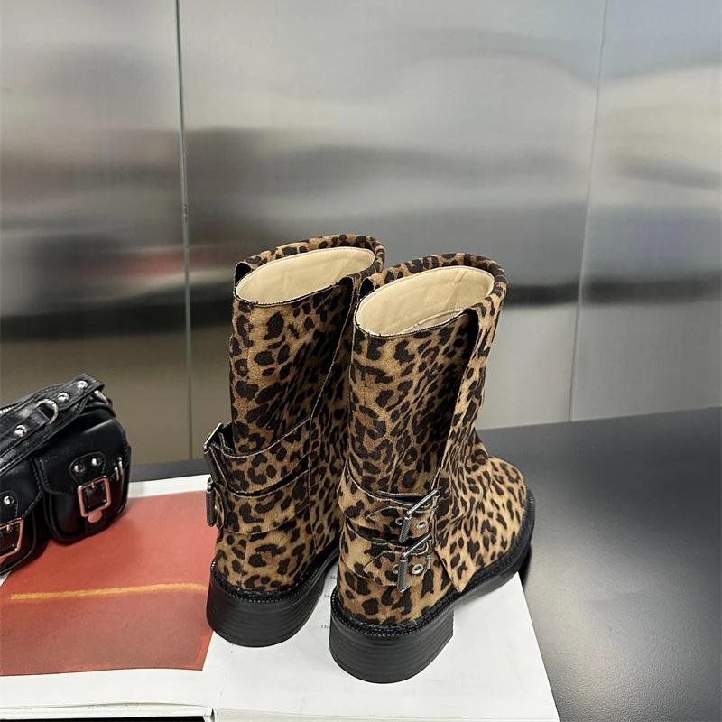 Fashion New Decorative Belt Buckle Leopard Print Low Heel Short Boots Autumn Winter Fashion Casual Commuting Women Ankle Boots Size35-43