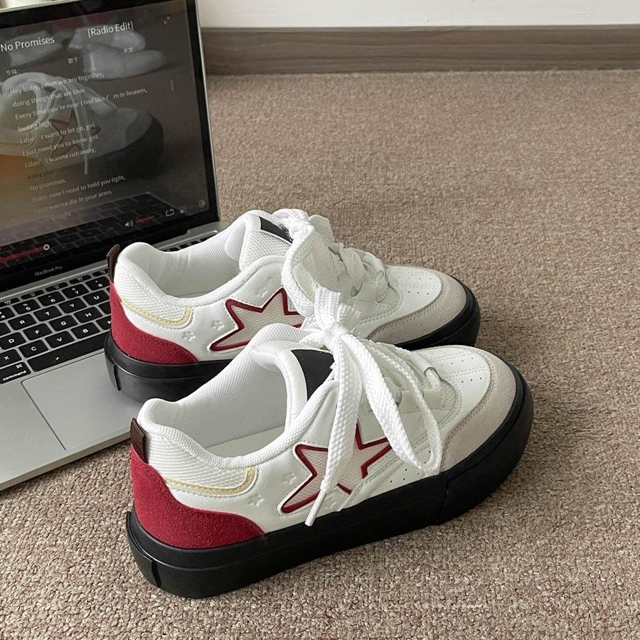 Retro platform white shoes women's spring and summer new round head casual lace-up board shoes women