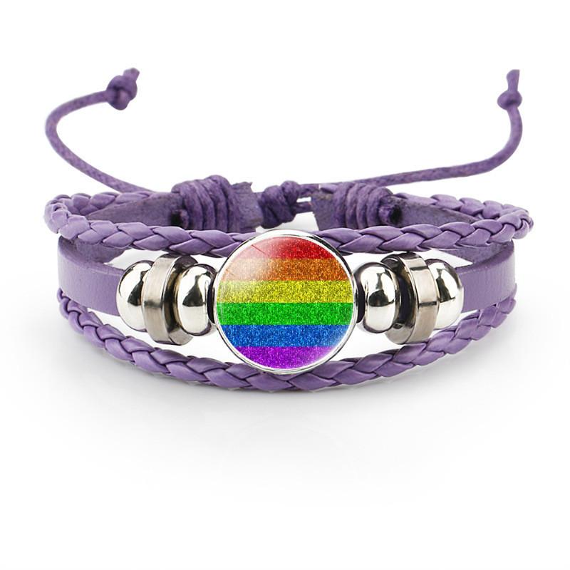 And Colorful Distinctive Rainbow Flag Time Gemstone Purple Leather Bracelet