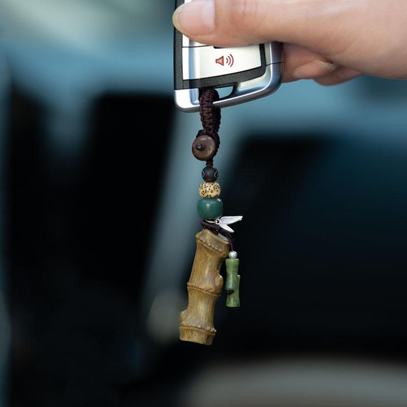 Ascending with Sandalwood and Bamboo Knot Key Pendant, Retro Chinese Style Car Keychain, Female Couple Pendant
