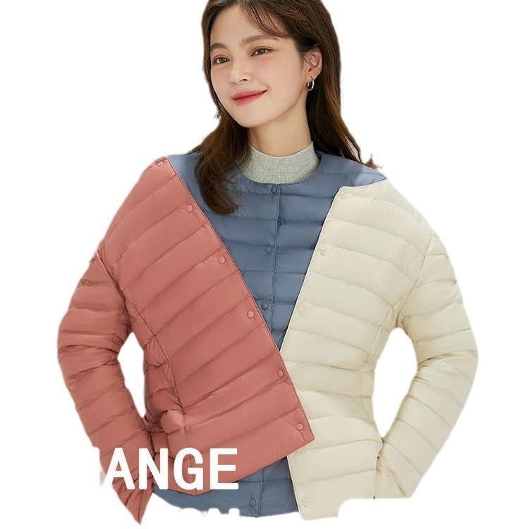 Nouvelle veste d'hiver légère et fine à col rond en duvet pour femme, doublure à col en V, courte, grande taille, sans col, vêtement d'intérieur, veste de base chaude